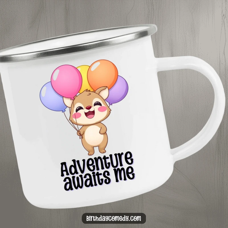 Funny camping mug with a happy animal smiling and holding a bunch of colorful balloons, for outdoor use.