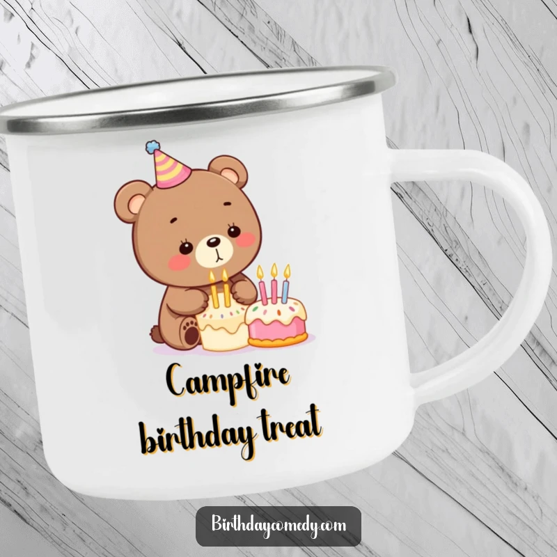 Funny birthday camping mug showing a playful bear in a party hat blowing out candles on a mini cake, perfect for outdoor fun.