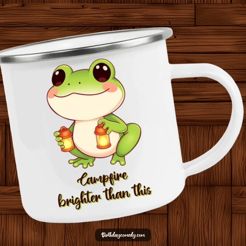 Funny camping mug showcasing a smiling frog holding a small, glowing lantern, designed for outdoor enthusiasts.