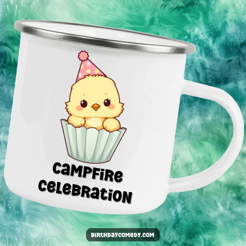 Funny fluffy chick wearing a party hat peeks out of a cupcake wrapper, a sturdy camping mug for outdoor parties.