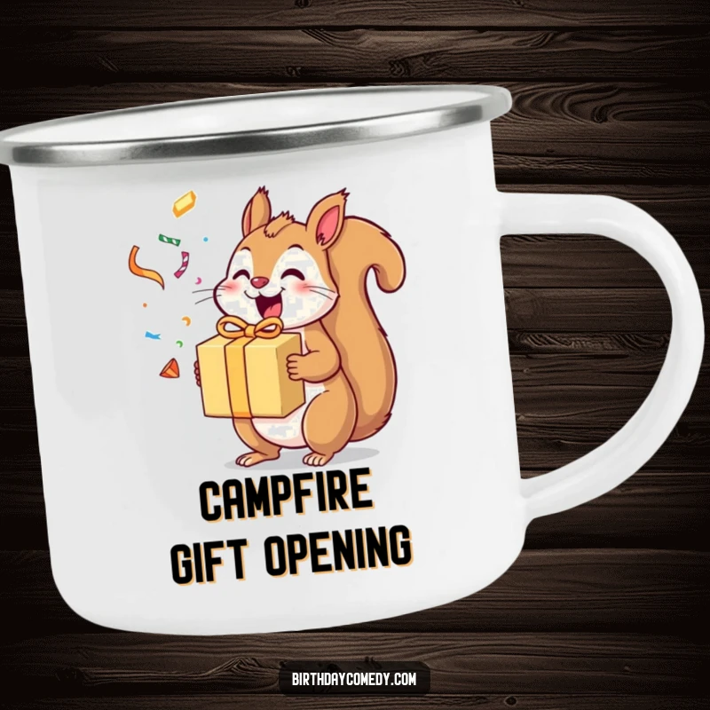 Funny squirrel camping mug showing an excited squirrel holding a gift box with streamers flying, perfect for outdoor enjoyment.