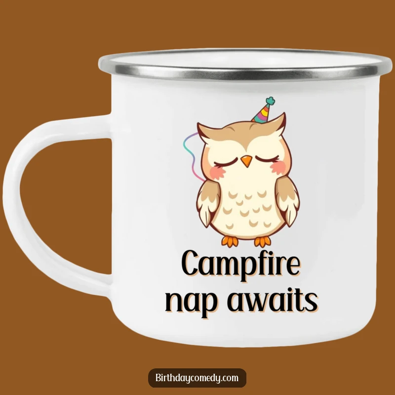 Funny Sleepy Owl Camping Mug: Durable mug with nodding owl in streamer, perfect for adventures and a hilariously cozy gift.
