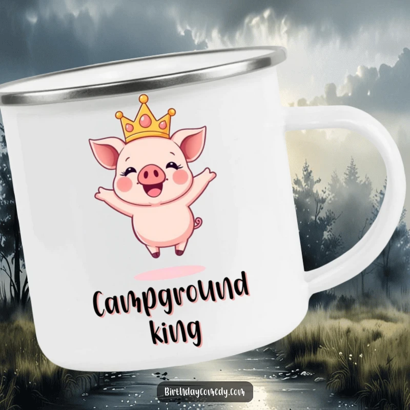 Funny camping mug with a happy piglet wearing a sparkly crown, joyfully jumping mid-air, perfect for outdoor celebrations.