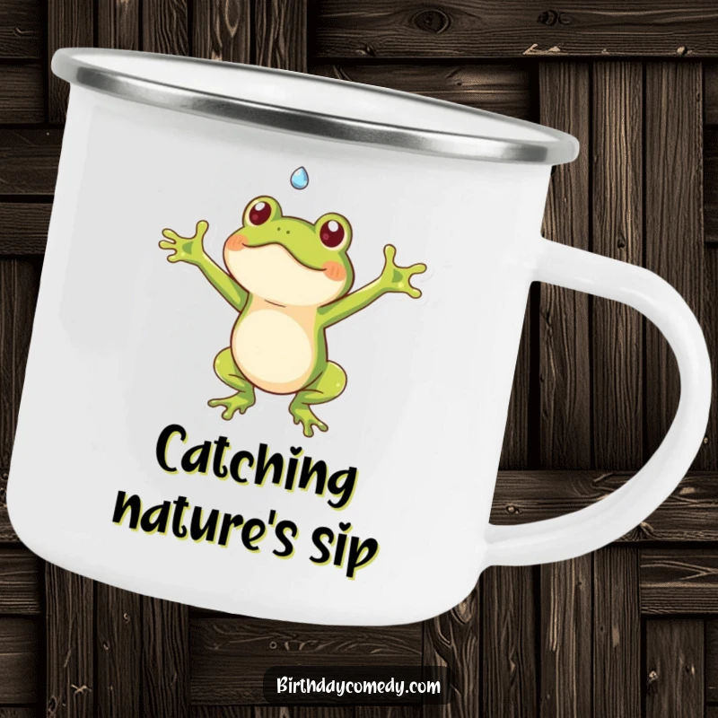 Funny frog camping mug showing a playful frog with arms open catching a falling dewdrop, perfect for outdoor humor.
