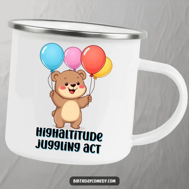 Funny bear cub camping mug, a happy cub juggling balloons, ideal for outdoor adventures and bringing smiles.