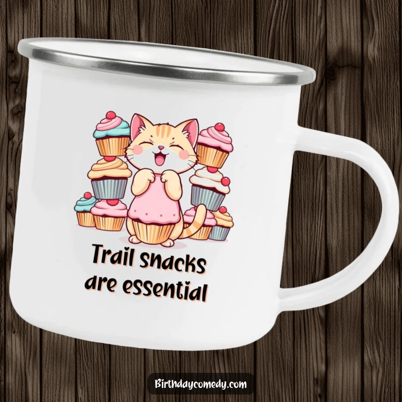 Funny cat camping mug, giggling, balancing cupcakes, for outdoor use, perfect funny gift.