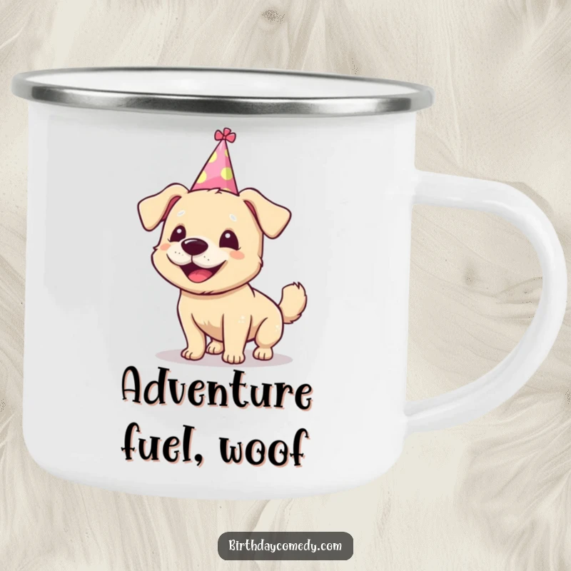 Funny dog camping mug, silly party hat, wagging tail, for outdoor use, perfect funny gift.