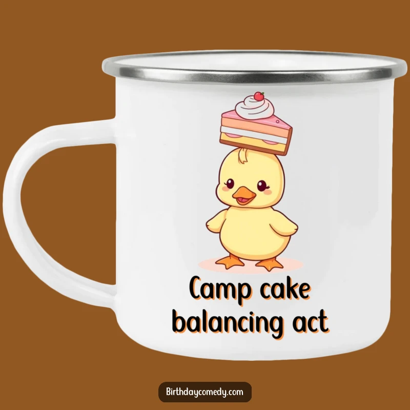 Funny Duckling Camping Mug: Durable mug with a duckling balancing cake, perfect for adventures and a hilariously sweet gift.