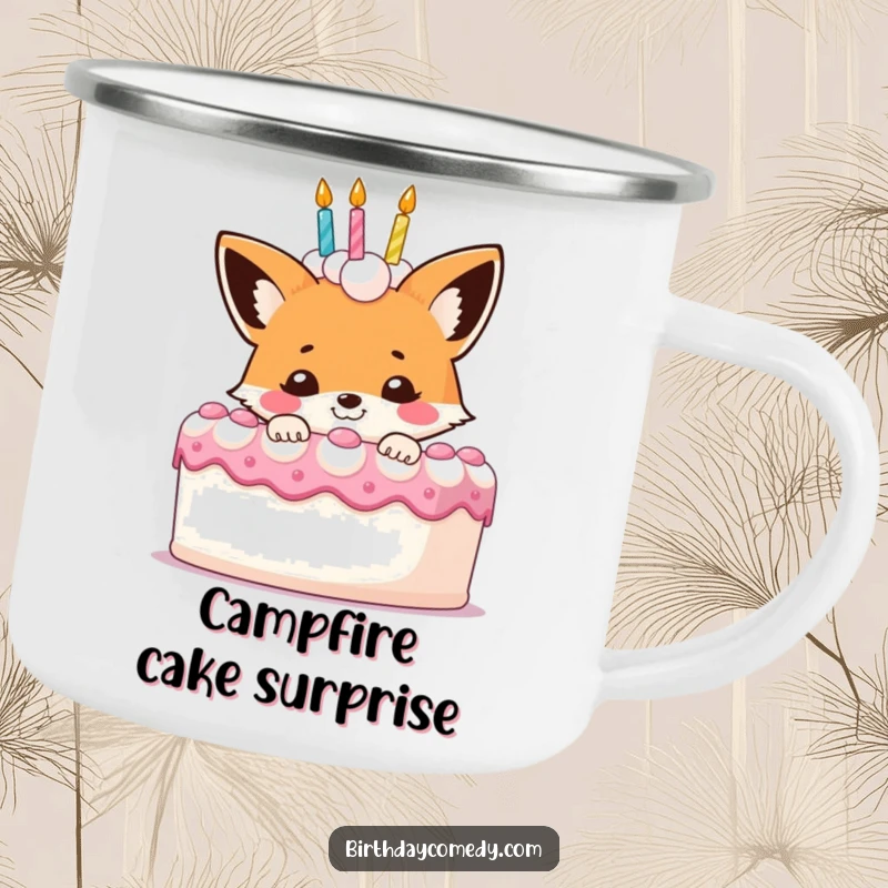 Funny fox camping mug, a smiling character peeking from behind a birthday cake, perfect for outdoor enjoyment.