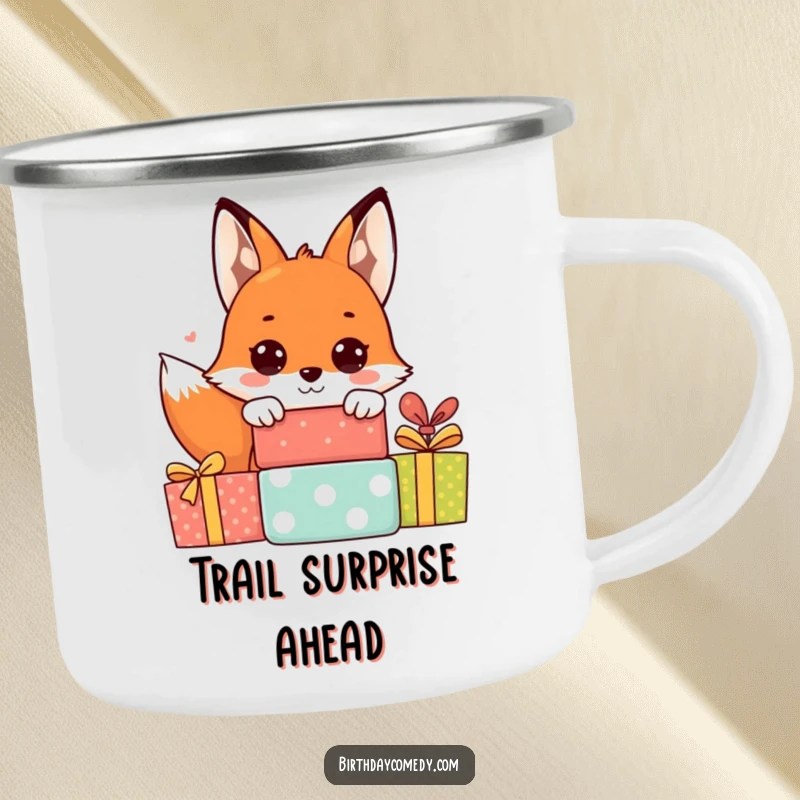 Funny fox camping mug showing a cheerful fox with big eyes peeking from behind presents, perfect for outdoor enthusiasts.
