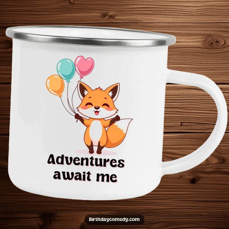 Funny Camping Mug featuring a cheerful fox juggling colorful balloons, ideal for outdoor enthusiasts who enjoy humor and adventure with their drinks.