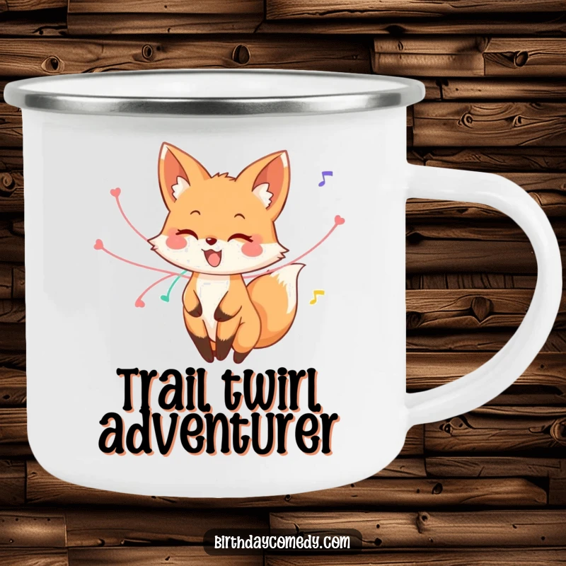 Funny fox camping mug, a happy fox with streamers on its tail, twirling, ideal for outdoor adventures and bringing smiles.