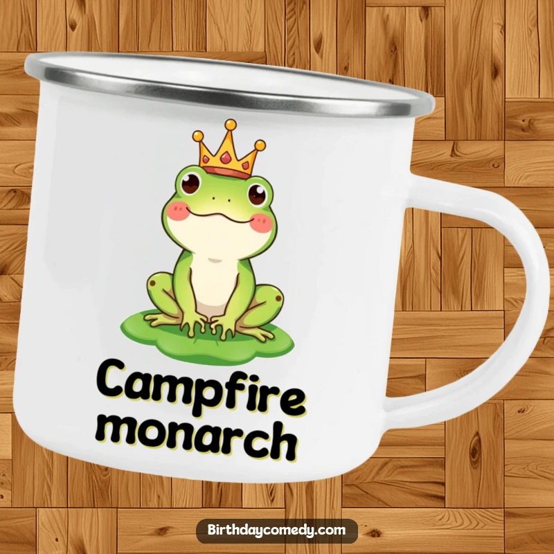 Funny enamel camping mug showing a happy frog wearing a tiny crown and balancing a lily pad as a hat, perfect for outdoor royalty.