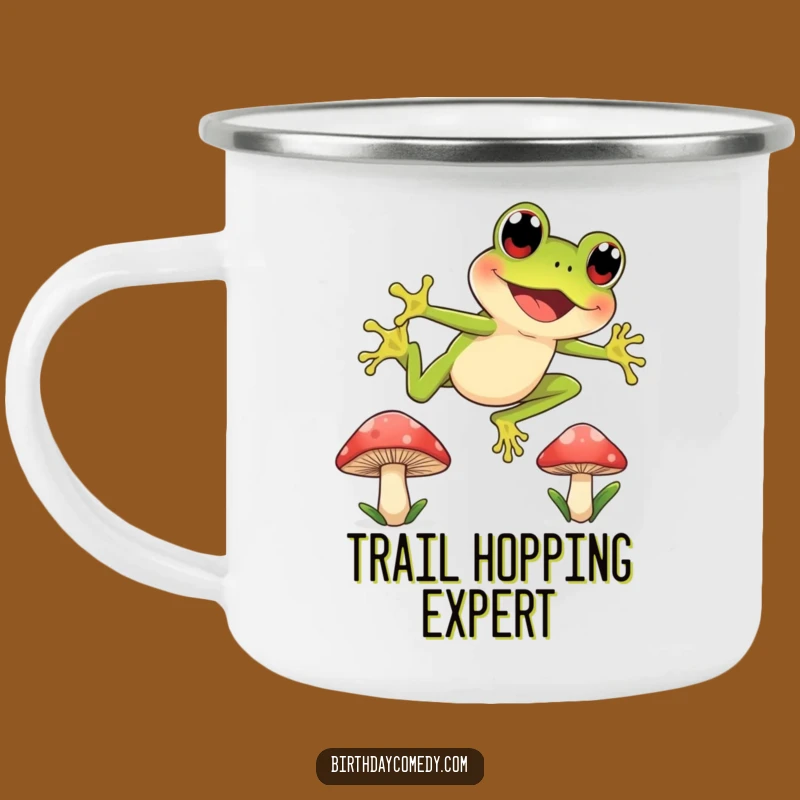 Funny Frog Leap Camping Mug: Joyful Enamel Cup for Outdoor Adventures