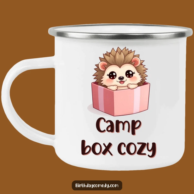 Funny Hedgehog Present Box Camping Mug: Cheerful Outdoor Companion, Rustic Funny Gift