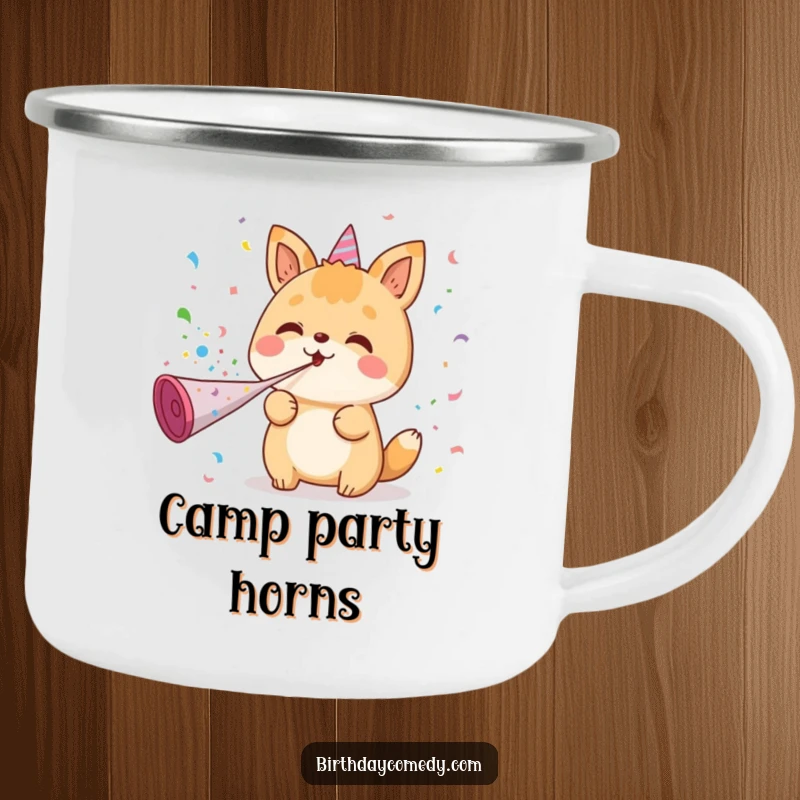 Funny camping mug featuring a kawaii character joyfully blowing confetti from a party horn, perfect for enjoying beverages during festive outdoor activities.