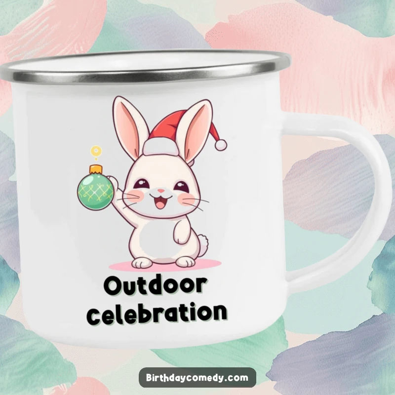 Funny Rabbit Holiday Camping Mug: A joyful rabbit in a festive hat holds a sparkling ornament, perfect for outdoor holiday cheer.