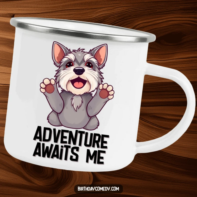 Funny schnauzer camping mug with paws raised, perfect for outdoor adventures and humorous dog appreciation.
