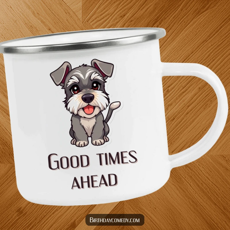 Funny schnauzer camping mug showing a dog with playful intent, perfect for outdoor activities and humorous appreciation.