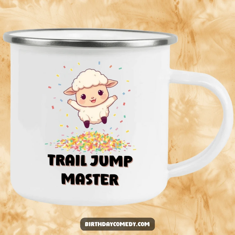 Funny camping mug with a happy sheep bouncing and leaping over a pile of confetti.