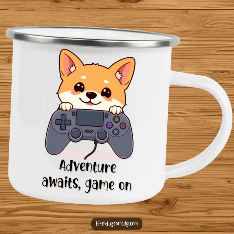 Funny Shiba Inu camping mug featuring a curious Shiba Inu peeking from behind a giant game controller, for outdoor gaming enthusiasts.