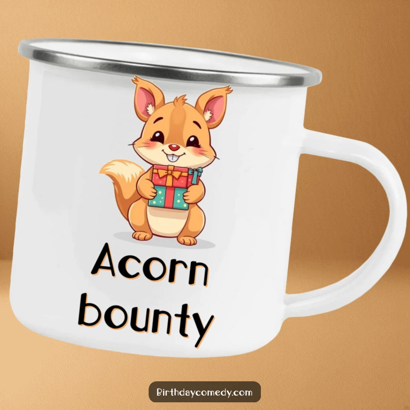 Funny camping mug featuring a grinning squirrel holding a stack of presents, ideal for outdoor enthusiasts.