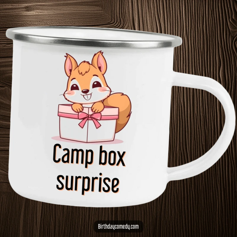 Funny Camping Mug featuring a curious squirrel with a grin, peeking out of a gift box, ideal for outdoor beverages.