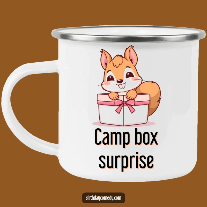 Funny Squirrel Camping Mug: Durable mug with squirrel peeking from gift, perfect for adventures and a hilariously charming gift.