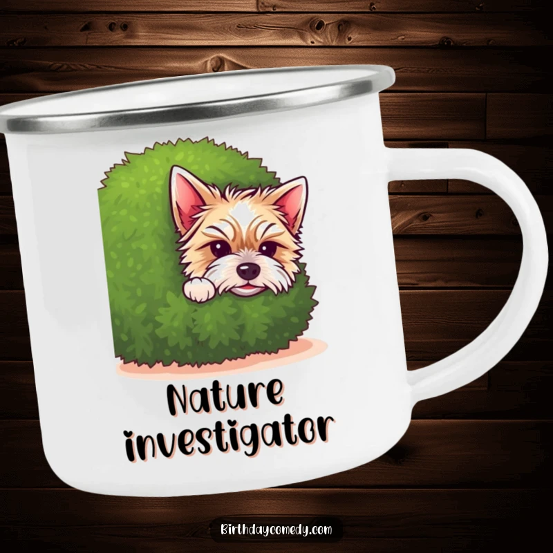 Funny terrier camping mug featuring a cute puppy peeking from behind a shrub, perfect for adorable outdoor moments.