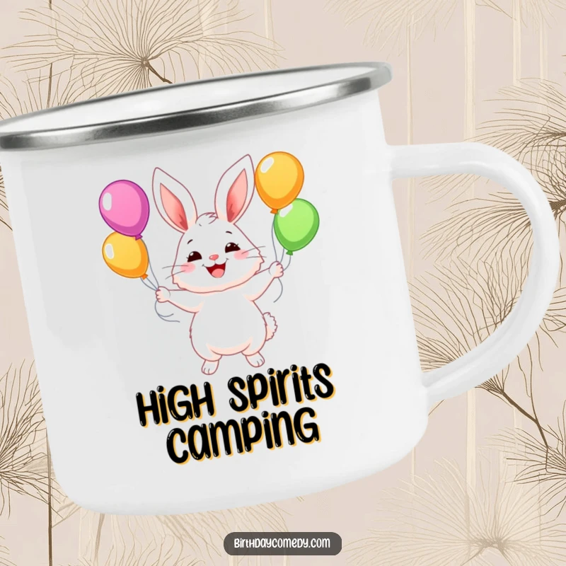 Funny enamel camping mug with a fluffy bunny character juggling balloons with a wide smile, perfect for cheerful adventures.