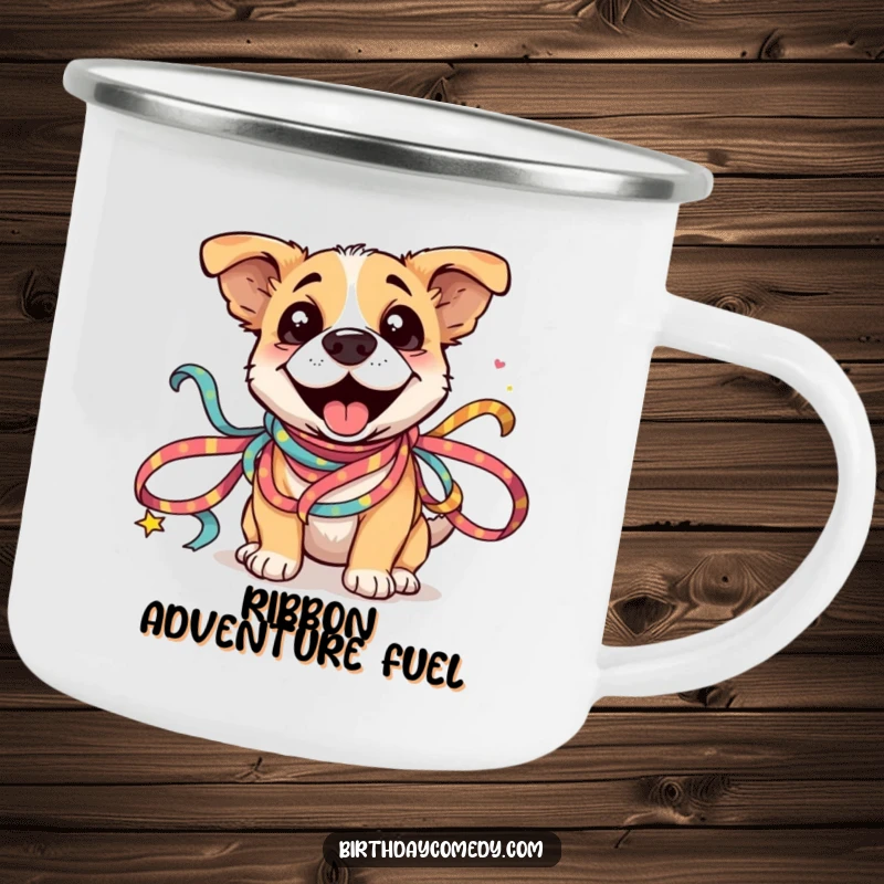 Funny Dog Ribbon Camping Mug: A silly dog is joyfully entangled in festive ribbons, perfect for outdoor fun.