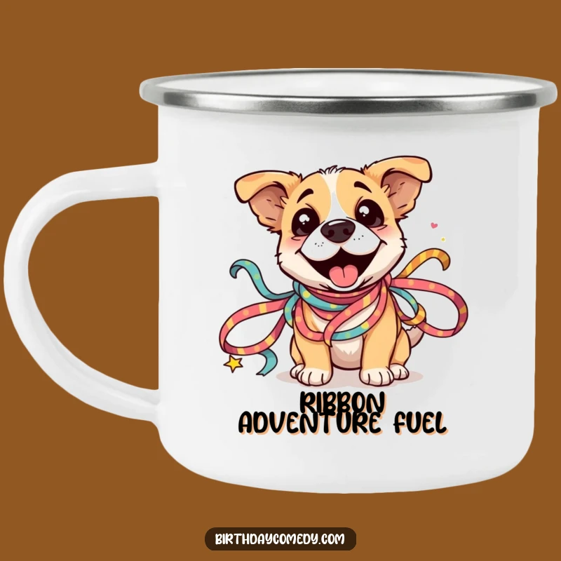 Funny Dog Ribbon Camping Mug: Silly Dog in Festive Ribbons, Outdoor Fun Gift