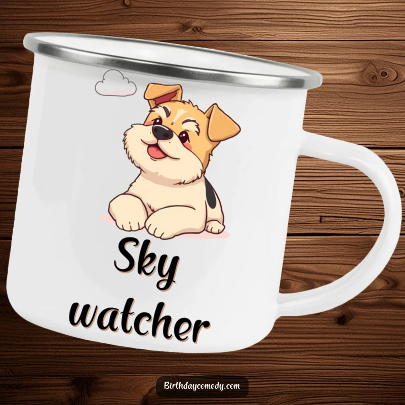 Funny terrier camping mug featuring a content dog resting its head, gazing at a cloud, adding peace to outdoor adventures.