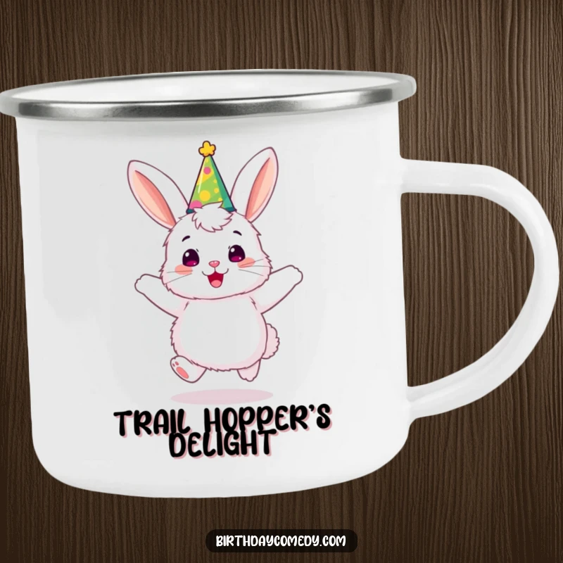 Funny bunny camping mug, a fluffy character wearing a party hat, joyfully bouncing, ideal for outdoor adventures.