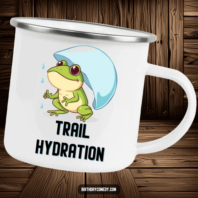 Funny frog camping mug showing a determined frog comically pushing a giant raindrop uphill, perfect for outdoor humor.