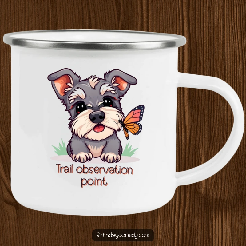 Funny schnauzer camping mug showing a dog watching a butterfly, perfect for outdoor activities and humorous appreciation.