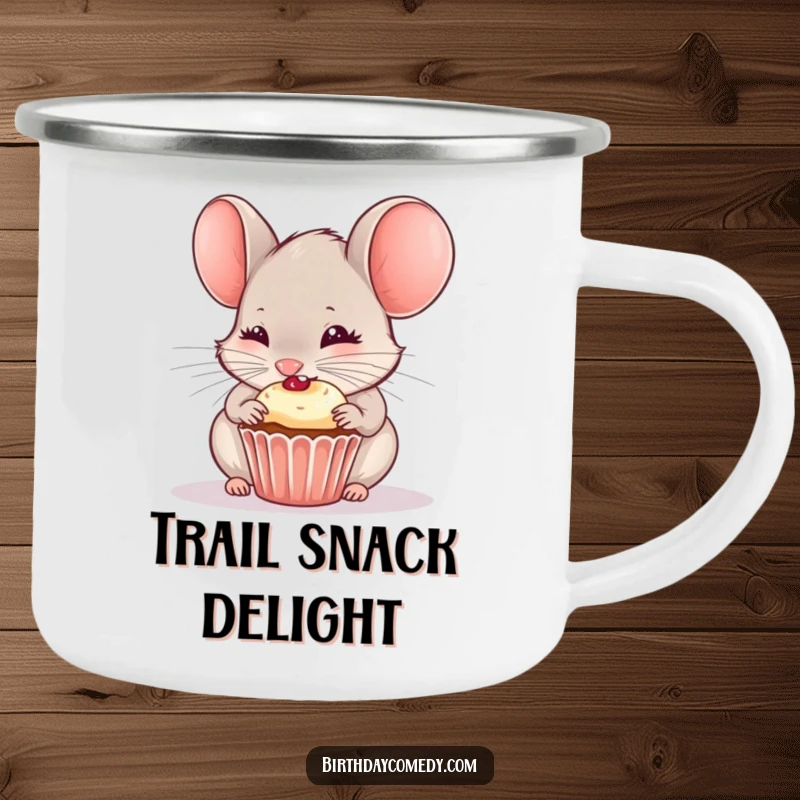 Funny camping mug featuring a curious mouse gleefully nibbling on a tiny cupcake, great for outdoor enjoyment.