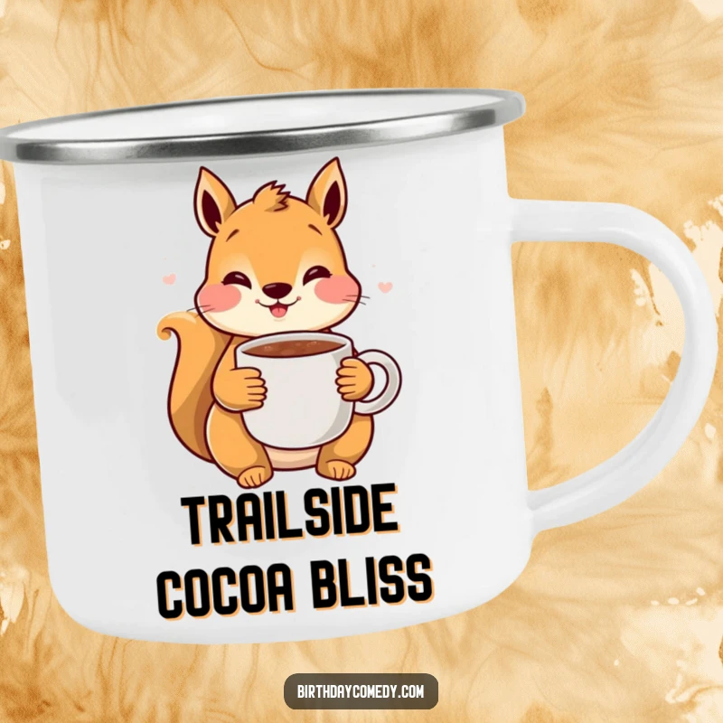 Funny Squirrel Cocoa Camping Mug: A content squirrel with rosy cheeks enjoys a warm mug of cocoa, perfect for outdoor relaxation.