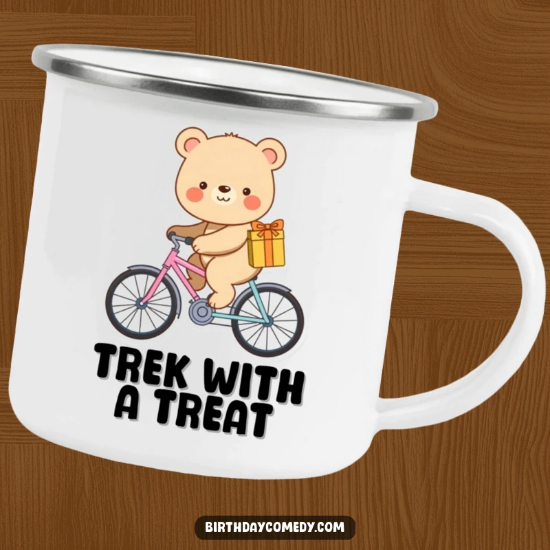 Funny camping mug with a smiling bear riding a tiny bicycle with a gift.