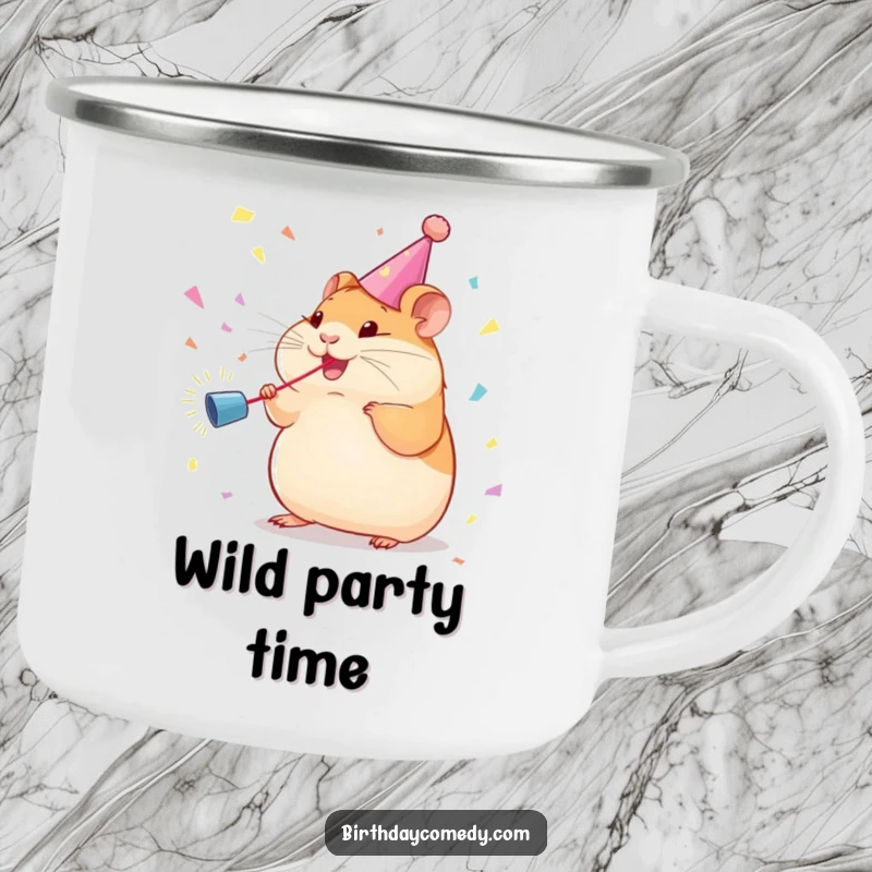 Funny Camping Mug: Plump hamster with streamer chases confetti, ideal for outdoor parties.