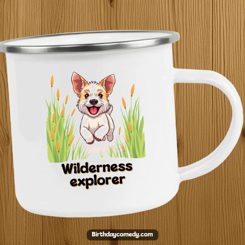 Funny terrier camping mug featuring a happy dog running through tall grass, ears flapping, perfect for joyful outdoor moments.