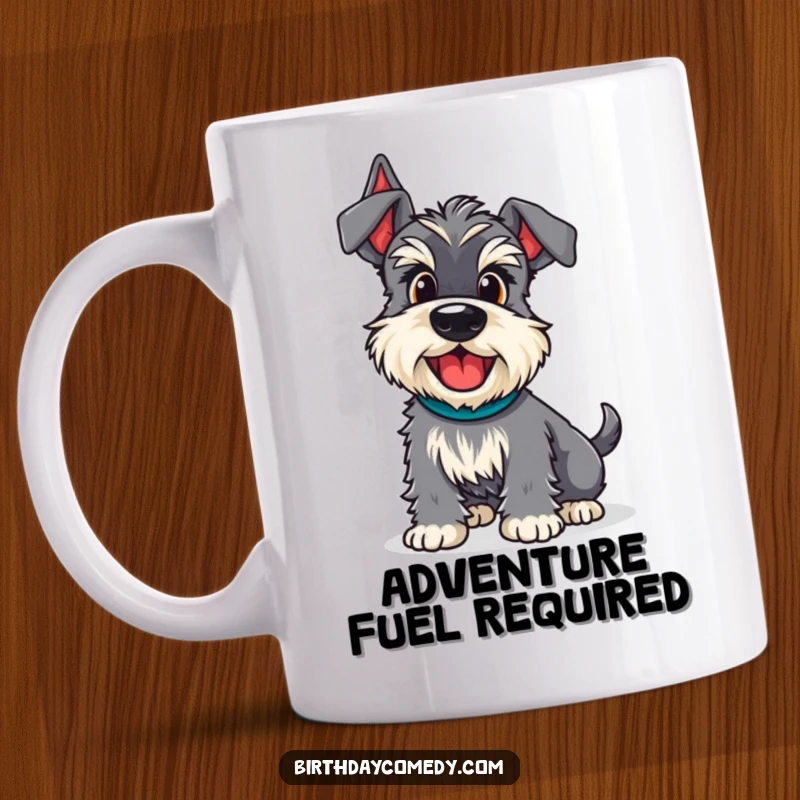 Funny schnauzer mug showing a dog with an excited wiggle, ready for an adventure, capturing pure happy energy.