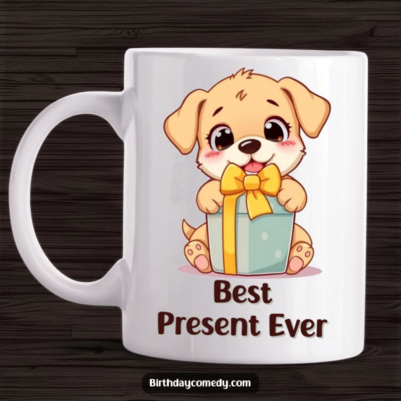 Funny Mug featuring an excited puppy with wide eyes, joyfully unwrapping a vibrant gift box, full of anticipation and happiness.