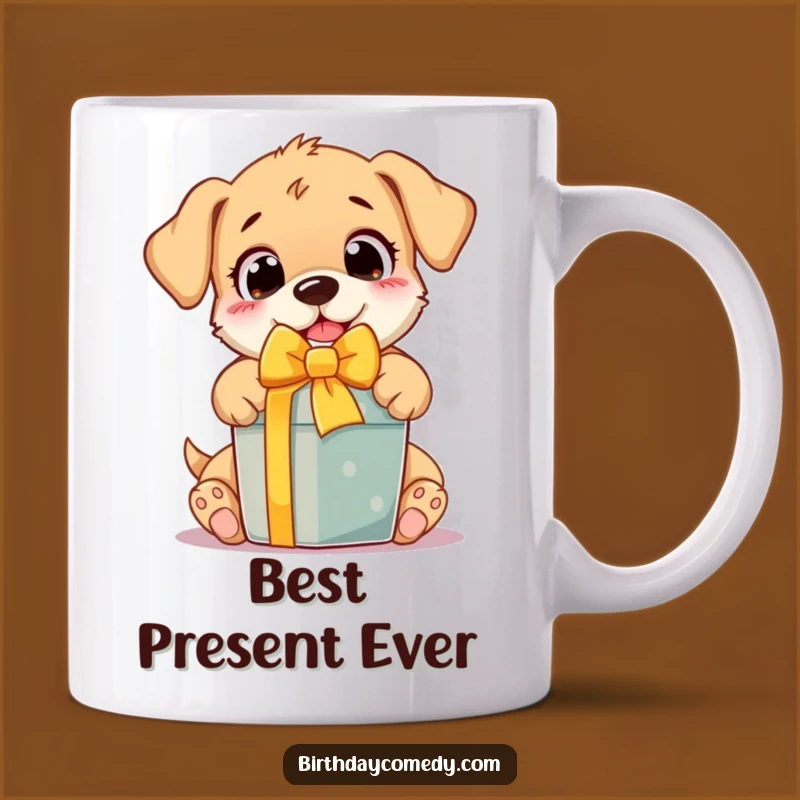 Funny Puppy Gift Mug: Wide-eyed pup unwrapping present, perfect for dog lovers and a hilarious gift.