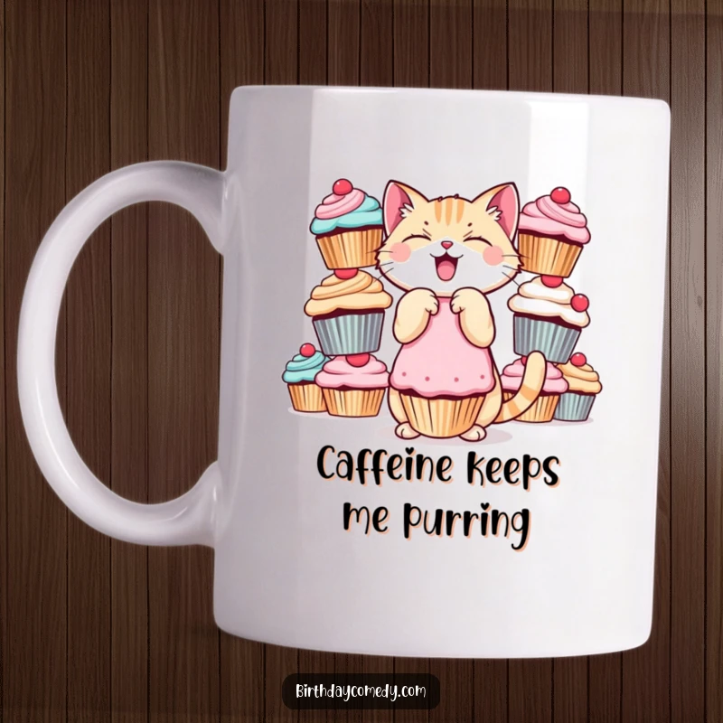 Funny cat mug, giggling, balancing cupcakes precariously, sweet and chaotic, ideal funny gift.