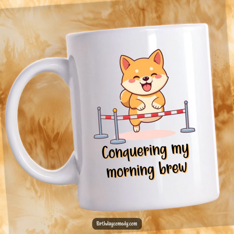 Funny Shiba Inu gamer mug, determined virtual obstacle course, joyful gaming dog, esports enthusiast, online challenge victor.