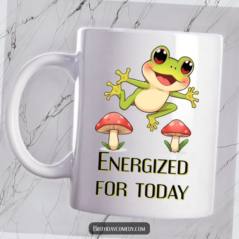Funny mug with a joyful frog character, wide curious eyes, leaping between mushroom caps, embodying energetic exploration and wonder.