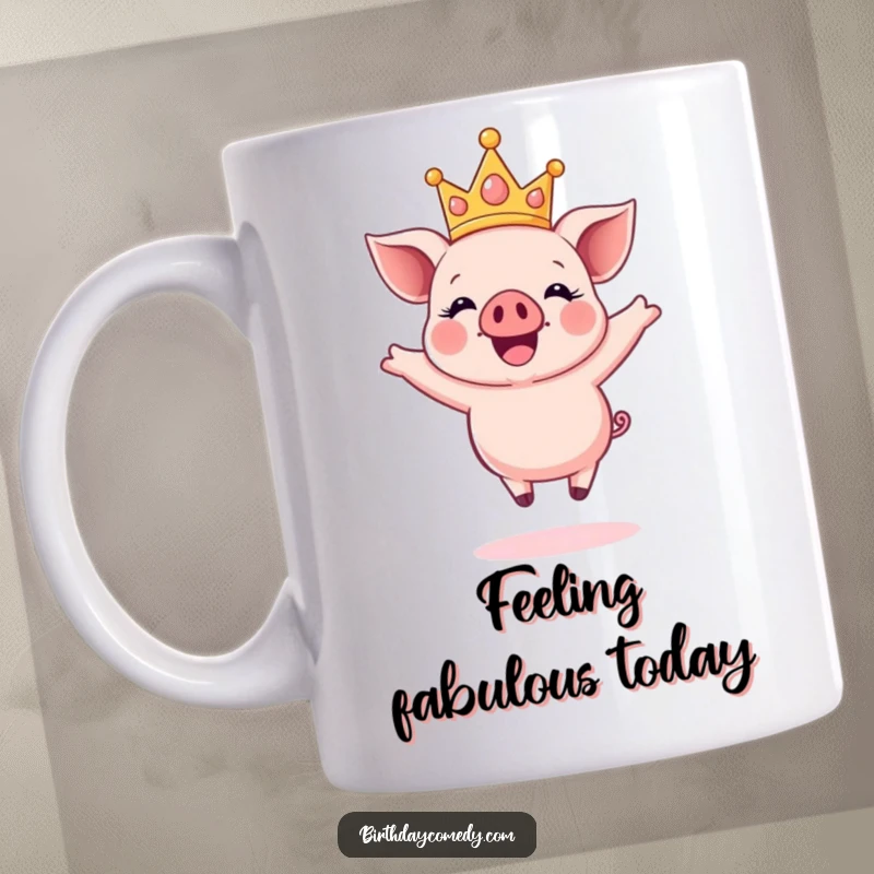 Funny mug with a happy piglet wearing a sparkly crown, captured mid-air in a joyful jump.