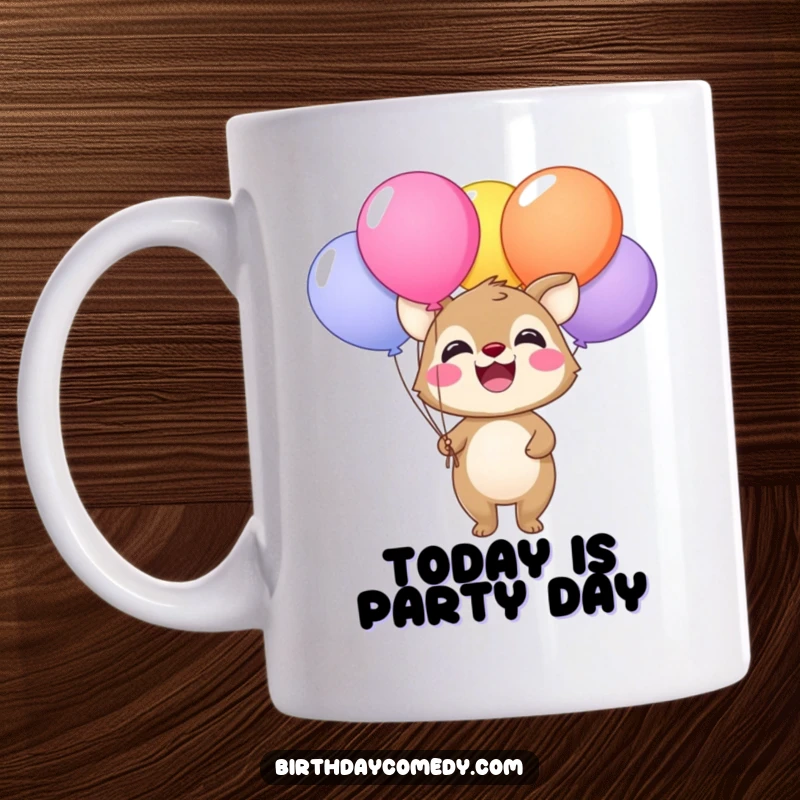 Funny mug with a happy animal beaming while holding a large bunch of colorful balloons, perfect for celebrations.