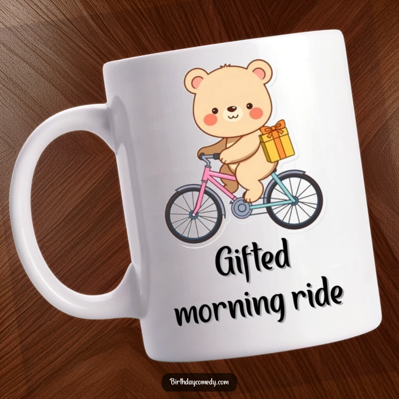 Funny mug featuring a smiling bear happily riding a comically tiny bicycle while holding a gift.